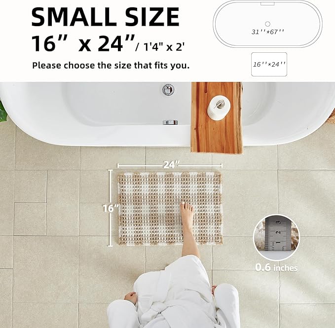 TYUU Waffle Bath Mat, Boho Bathroom Rugs Non Slip Washable Absorbent Checkered Bathroom Mat Quick Dry Farmhouse Bathroom Decor, 24"x16" Khaki and White