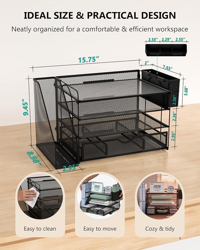 WALI Desk File Organizer, 4 Tier Desktop Paper Letter Tray Organizer with Drawer and 2 Pen Holders, Office Desk Accessories & Workspace Organizers for Office, Home Supplies(DO005DH-2B), 2 Packs, Black