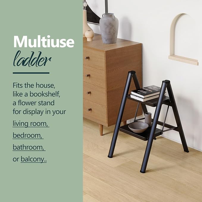 WOA WOA Step Ladder for Home, Foldable Step Stool for Kitchen with Non-Slip Pedals, Sturdy Ladders Supports up to 330 lbs, Compact and Portable - 2 Step/Black