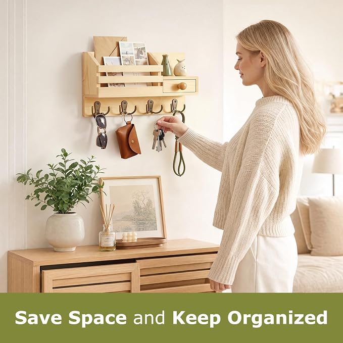 Key Holder Wall Mount, Wooden Adhesive Mail and Key Organizer with Drawer, Small Shelf, 8 Hooks, 2 Installation Methods, Natural