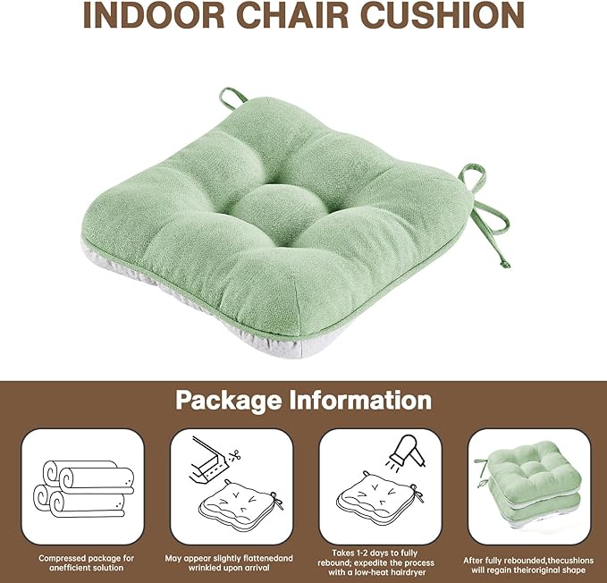 BETU Chair Cushions for Dining Chairs Set of 6,3.5" Thick Kitchen Table Chair Pads with Ties,Non Slip Backing and Covers, Home Decor Seat Cushion for Dining Room,Bar,Patio Chairs15.5"X15.5"X3.5"Green