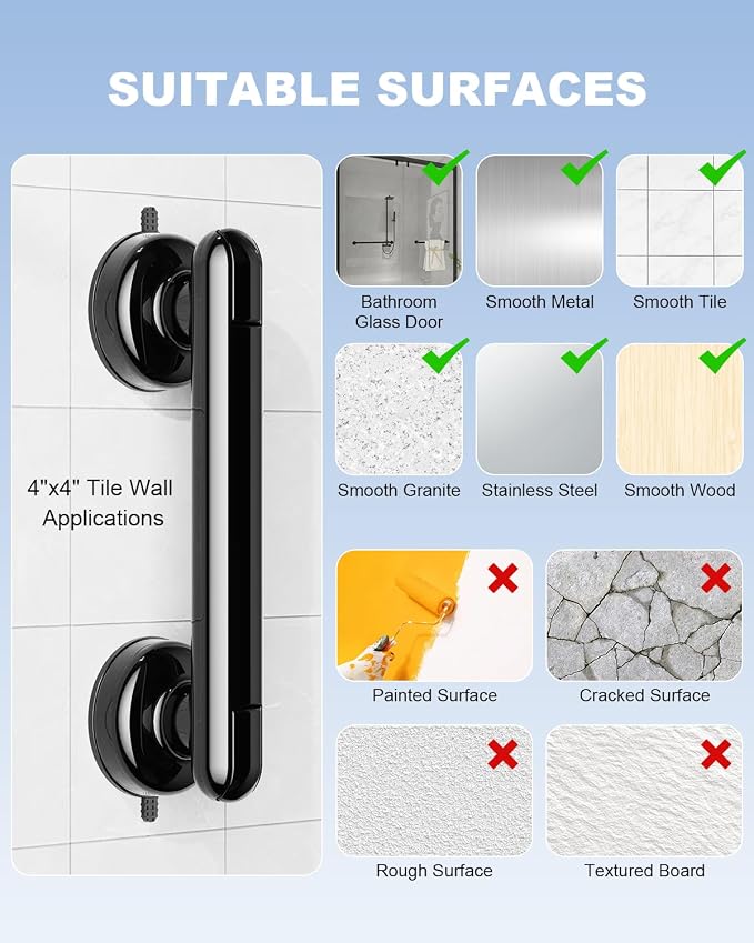 JOTPE 2 Pack Grab Bars for Bathtubs and Showers, No Drilling & Removable Shower Grab Bar Easy to Install, Heavy Duty Suction Grab Bars for Shower, Safety Shower Handle for Balance (11 inch)