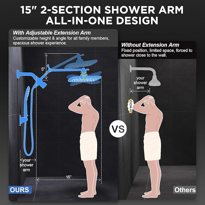 Veken 11.8" Rain Shower Head with Handheld, High Pressure Handheld Shower Heads with Multi Spray Modes, Rainfall Combo with 15" Metal Extension Arm,Detachable Dual Shower, Long 6 ft. Hose,Matte Black