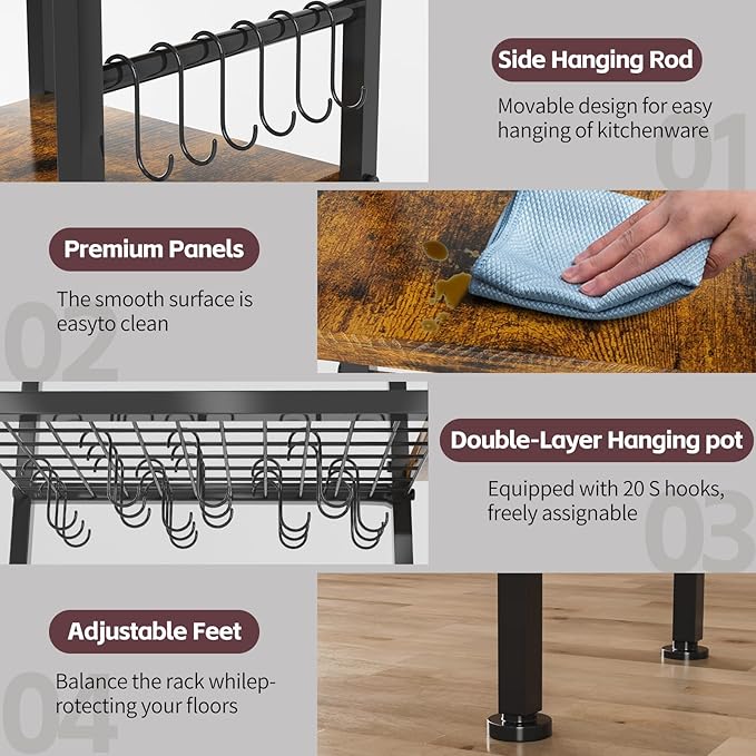 5-Tier Pot and Pan Organizer Rack with Hooks, Heavy-Duty Kitchen Storage Shelf for Cookware, Dishes, and Utensils, Freestanding Metal Pot Rack Organizer for Kitchen, Pantry, or Dining Room