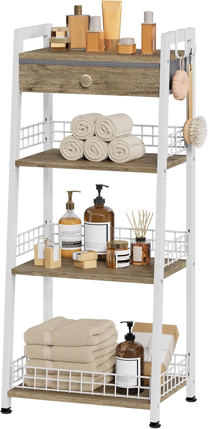 Gewudraw 4-Tier Ladder Shelf with Drawer, Bathroom Table Stand for Small Space, Standing Bathroom Shelves with Storage for Living Room Kitchen Bedroom, Organizer Shelf, White