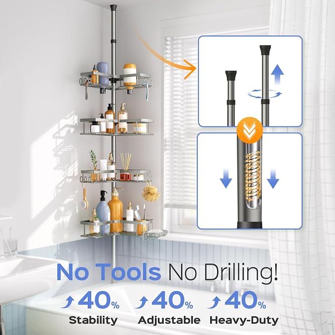 HAMITOR Shower Caddy Tension Pole: 4-Tier Corner Bathroom Organizer Shelf with Soap Holder & Hooks - No-Drill Adjustable Standing Storage Rack for Apartment Renters - 47-123 Inch Silver Gray