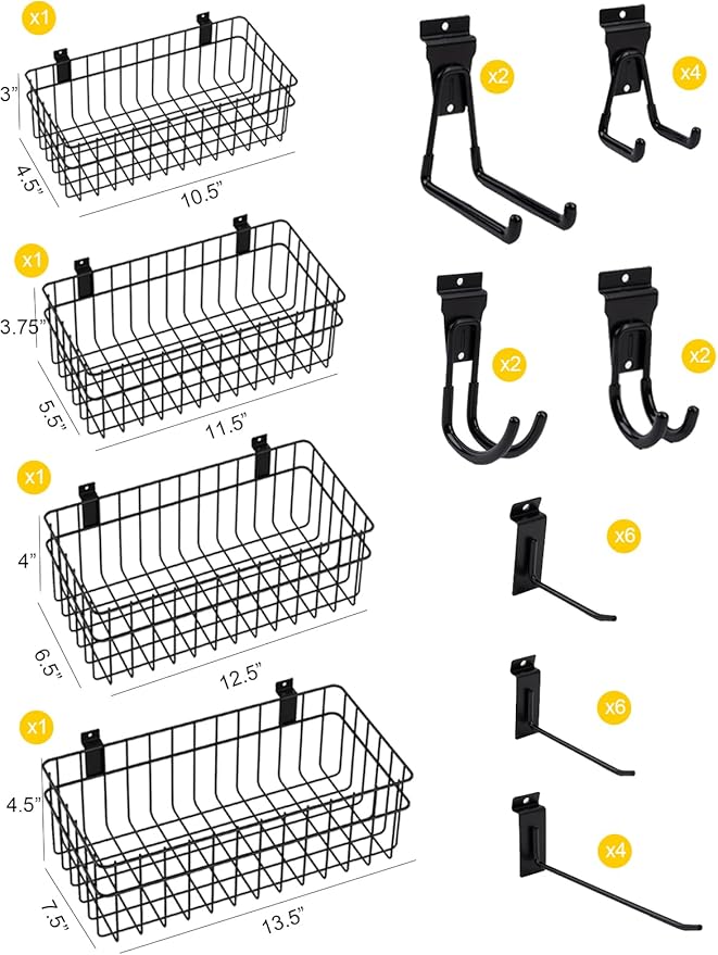 Slatwall Accessories 30 Pcs Slatwall Hook Slat Wall Hanging Hook Garage, Slat Wall Accessory Includes 4 Pack Slatwall Baskets Set and 26 PCS Multisized Heavy Duty Slatwall Hooks