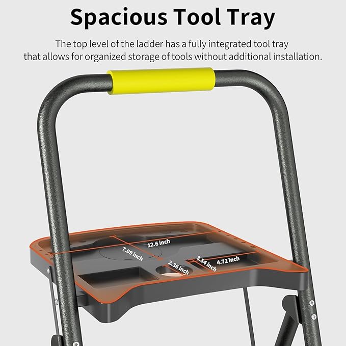 DIAMONDFORGE 3 Step Folding Ladder, 600lbs Capacity Steel Stool with Tool Platform, Wide Anti-Slip Pedal & Feet, Sturdy Steel Construction, Step Ladder for Home Office, Black Yellow