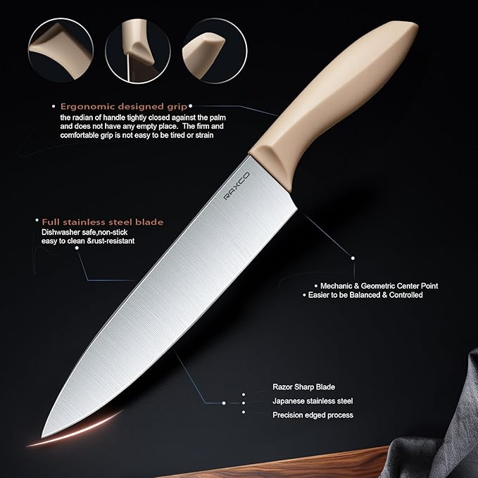 RAXCO Cooking Utensils Set,18-Piece Kitchen Utensils and Knife Set,Khiki | Food-grade Silicone Utensils Heat-resistant to 410°F,5-Piece Stainless Steel Kitchen Knife with Sharpener and Cutting Board