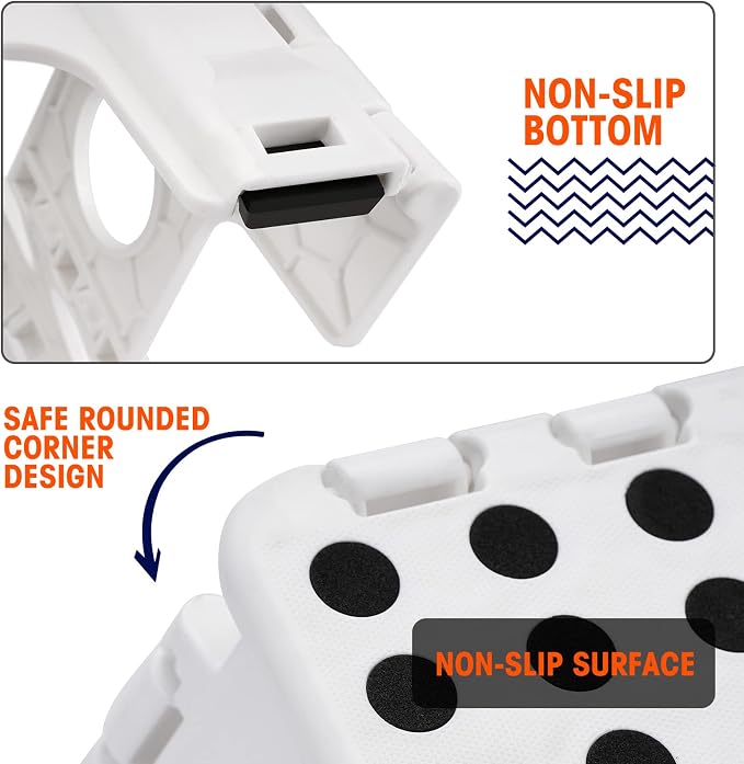 Korpai 18" Folding Step Stool for Adults and Kids Holds Up to 300 lbs,Non-Slip Folding Stools with Portable Handle, Compact Plastic Foldable Step Stool for Bathroom,Bedroom, Kitchen, White,1PC