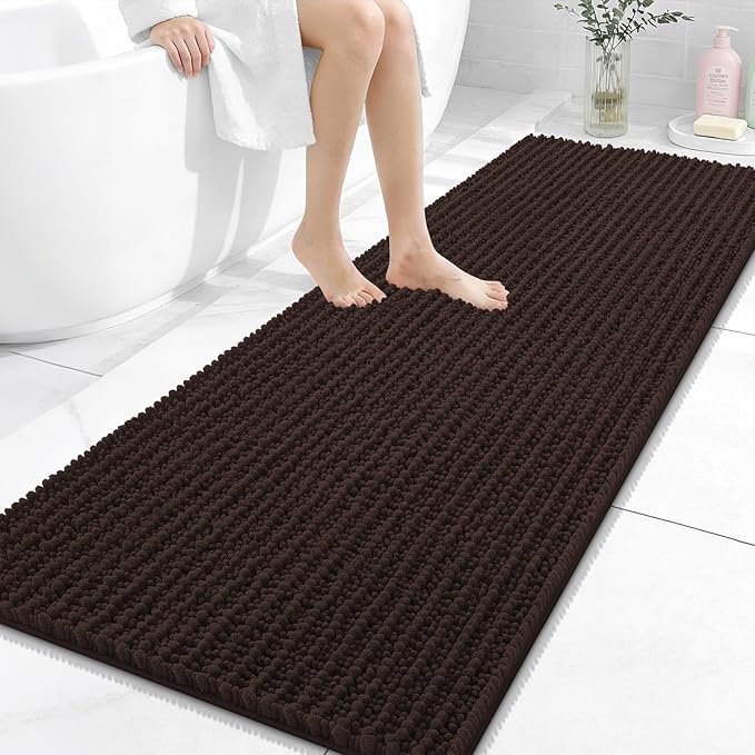 OLANLY Long Bathroom Rugs Runner 59x24, Thick Soft and Absorbent Chenille Bath Mat, Non-Slip, Machine Washable Quick Dry Bath Rugs for Tub Shower Floor, Home Decor Accessories, Brown