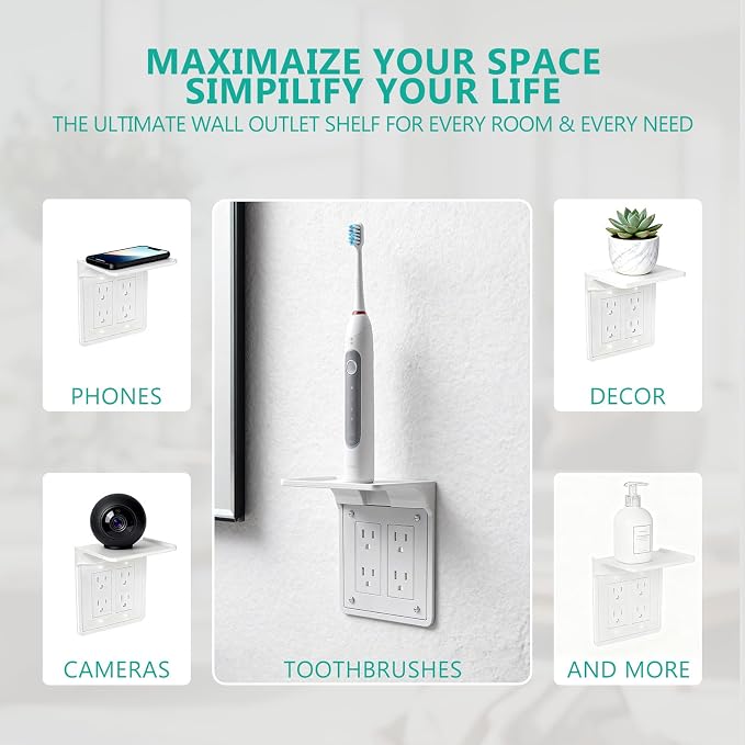 WALI Double Outlet Shelf Wall Holder – Bathroom Shelf Duplex for Electric Toothbrush, HomePod Mini, Echo Dot & Phone Charging – White (DLS001)