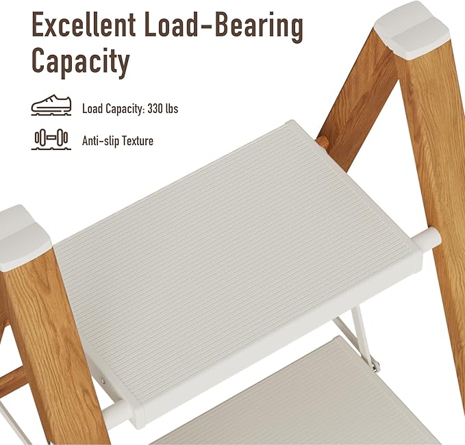 Mayi Plus 3 Step Lightweight Aluminum Folding Ladder, Portable Step Stool with Wide Anti-Slip Pedals, 330 lbs Capacity for Home,Cleaning Tasks（White&Woodgrain）