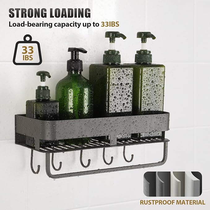 Extended version Adhesive Shower Caddy, 15.7 inch Stainless Steel Shower Shelves for Inside Shower with Hooks & Towel Bar-No Drilling(Gun Gray)