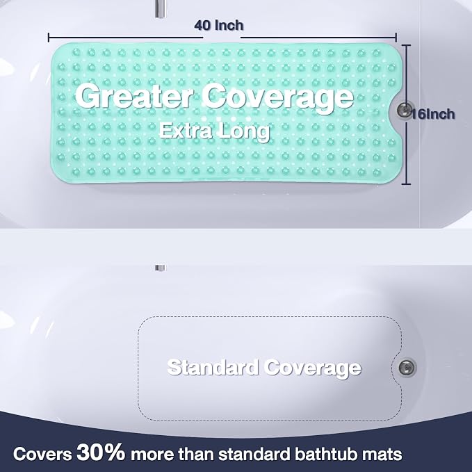 Extra Long Bathtub Mat Non Slip, Clear Green Soft Bath Mat for Tub 40 x 16 Inch Full Size, Bath Tub Shower Mats for Bathroom Floor, Big Suction Cups and Drain Holes, Easy Washable, BPA Free
