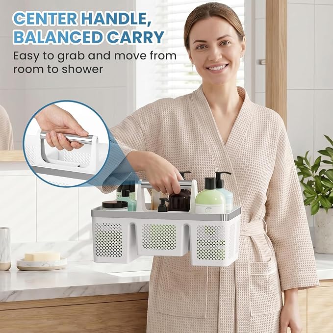 BYUNER Plastic Shower Caddy Dorm: Portable Shower Basket Tote with Handle, 4 Compartments, All-Side Drainage, Hard Bathroom & Cleaning Caddy Organizer for college Dorm Room Essentials, White/Silver