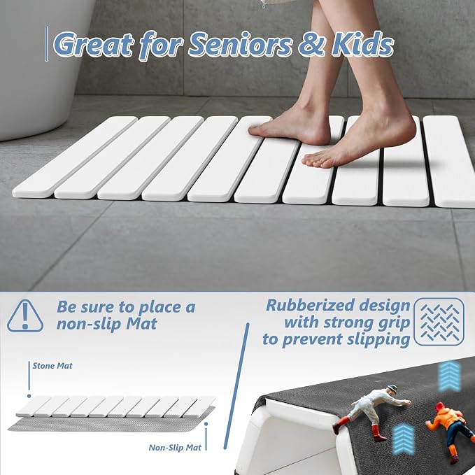 AWW Foldable Stone Bath Mat, Quick Dry Diatomaceous Earth Bath Mat with Non-Slip Mat, Super Absorbent, Easy to Clean, Compact for Small Bathrooms, 23.6 x 15.5, White