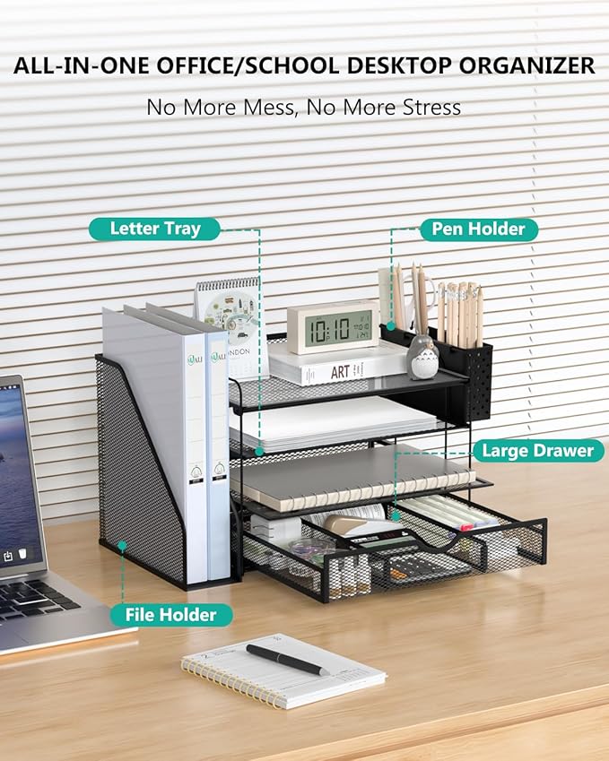 WALI Desk File Organizer, 4 Tier Desktop Paper Letter Tray Organizer with Drawer and 2 Pen Holders, Office Desk Accessories & Workspace Organizers for Office, Home Supplies(DO005DH-2B), 2 Packs, Black