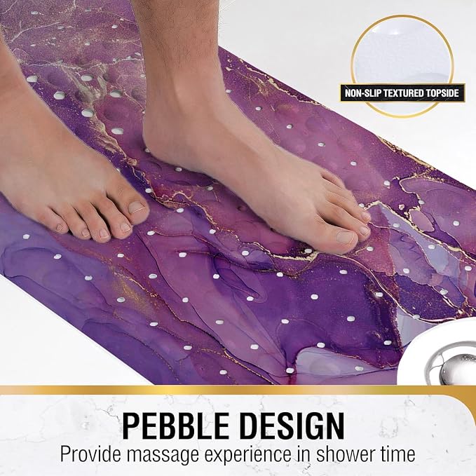 Purple Bathtub Mat Non Slip, 40x16 inch Bath and Shower Safety Mats, Shiny Abstract Marble Tub Mat for Bathroom, Tub Shower Mat with Drain Holes and Suction Cups