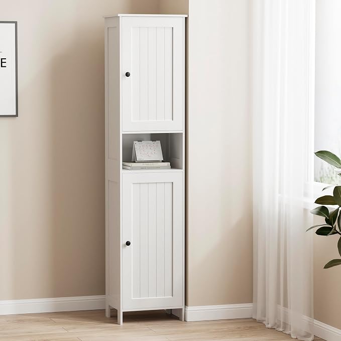 Homleke Tall Bathroom Storage Cabinet with 2 Doors, 67"H Narrow Storage Cabinet with Adjustable Shelves& Anti-Tip Design, Reversible Door Installation, Easy Assembly, 11.8 x 15.7 x 66.9 Inches, White