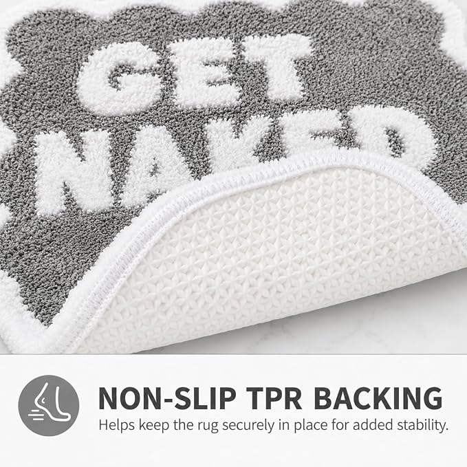 Scalloped Grey Bath Rug, Get Naked Cute Bathroom Rug, Soft Absorbent Quick Dry Bath Mat, TPR Non Slip Backing, Microfiber Mat for Shower Tub Sink Vanity 20" x 31.5"