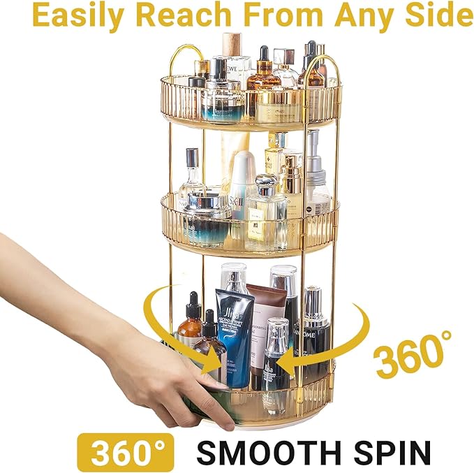 Asayuee 360 Rotating Makeup Organizer for Vanity,3 Tier Large Capacity Vanity Storage,Skincare Perfume Spinning Organizer,Bathroom Cosmetics Storage Makeup Stand Organizer (Gold-3 Tier)