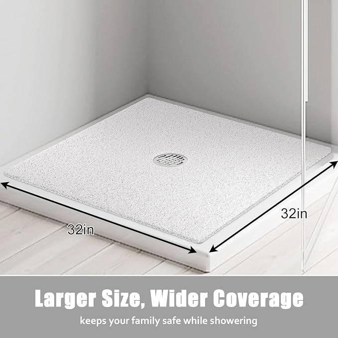 ZOESOE Square Shower Mat Non Slip: 32x32 Inch Large Shower Mats for Inside Shower with Drain Hole in Center, Super Soft PVC Loofah Massage Shower Stall Mat, Anti Slip Shower Floor Mat, Quick Drying