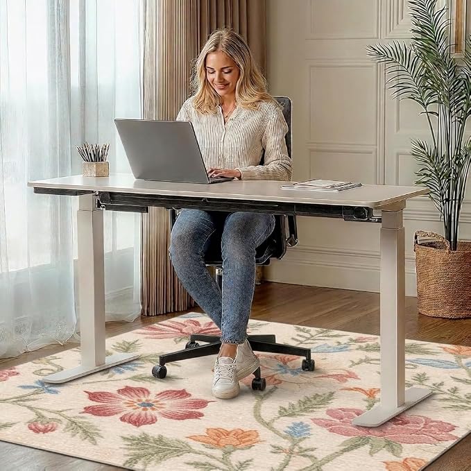 48"x72" Office Chair Mat for Hardwood Tile Floor, Under Desk Carpet Protector for Rolling Computer Chair Mat, Machine Washable Area Rug, Anti-Slip 1/5" Thick Low Pile Thin Vinyl Floor Mat, Blush Cream