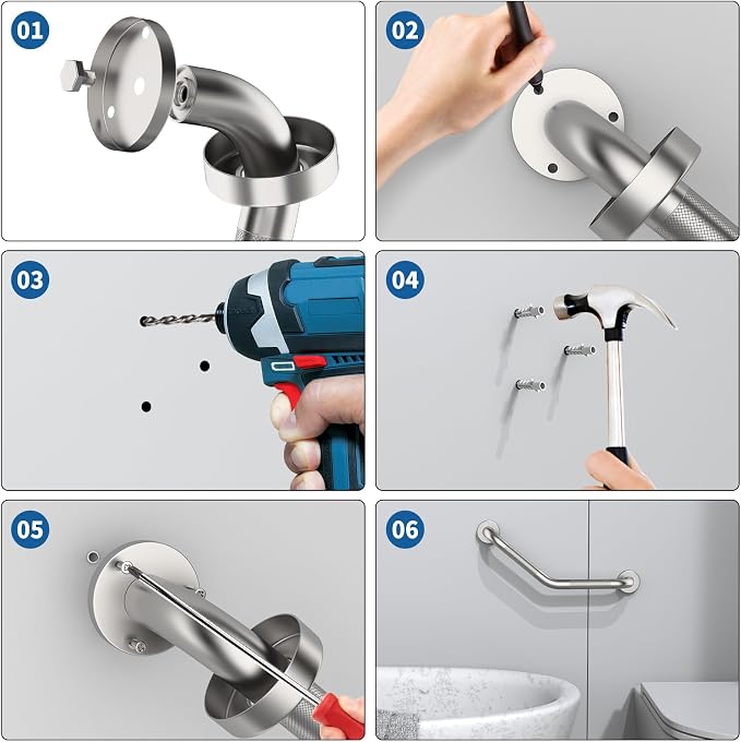 16 Inch Angled Shower Grab Bar, Munzong Anti Slip Satin Brushed Nickel Bathroom Grab Bar, Knurled Bathroom Balance Bar,Safety Hand Rail Support Handicap Elderly Injury Senior Assist Bath Handle