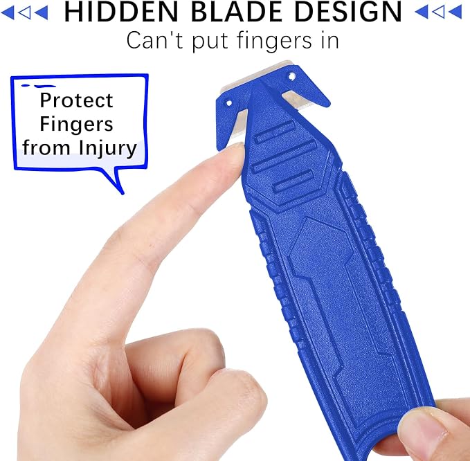 Therwen Safety Box Cutter Knife of Stainless Steel Concealed Blade Package Opener with Tape Splitter for Carton Cardboard Wrap Letter Work Bag Straps Film Utility Tool(Blue,10 Pcs)
