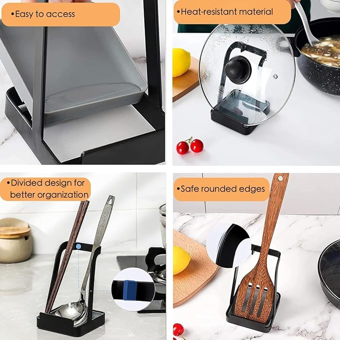 Spoon Rest and Lid Holder for Stove Top – Heat-Resistant Steel Organizer for Utensils, Lids, and Tongs – Drip Tray for Kitchen Counter