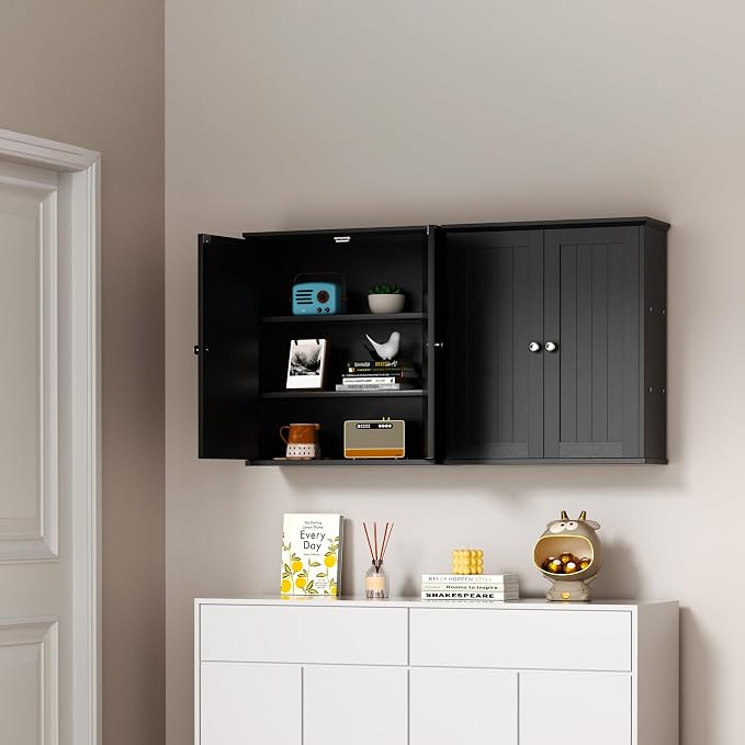 Shintenchi Bathroom Wall Medicine Cabinet with 2 Door, Bathroom Storage Organizer Over The Toilet,Space Saving Storage with 3-Tier Shelves,Black