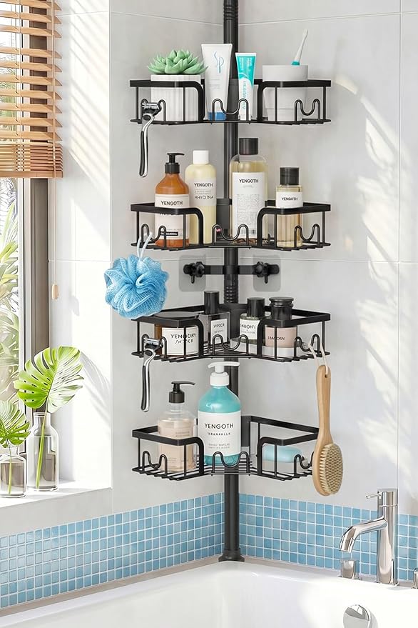 Corner Shower Caddy with Tension Pole, 4-Tier Rustproof Bathroom Organizer Shelves, No-Drill Adjustable Shower Storage Rack 42–115 Inches, Space-Saving Floor Standing Shower Organizer