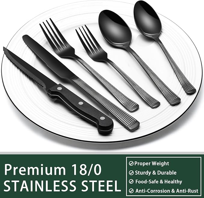EWFEN 24-Piece Black Silverware Set with Steak Knives, Black Flatware Set for 4, Food-Grade Stainless Steel Tableware Cutlery Set, Mirror Finished Utensil Sets for Home Restaurant, Roman Column