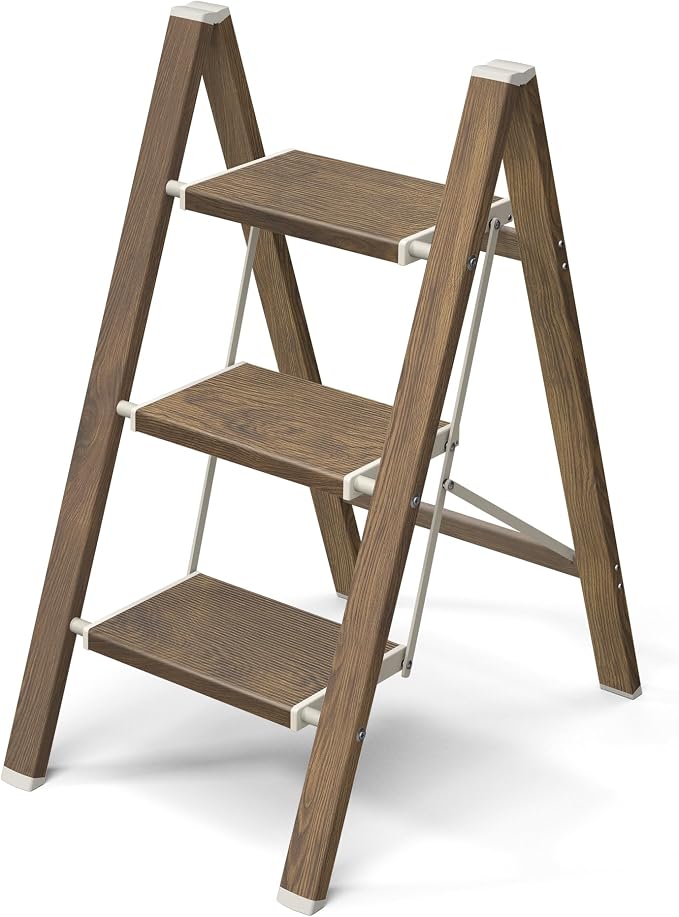 Mayi Plus 3 Step Ladder,Aluminum Folding Step Stool for Adults,Step Ladder with Wide Anti-Slip Pedal,330 lbs Capacity for Home,Kitchen,Library,Office(Cherry Woodgrain)