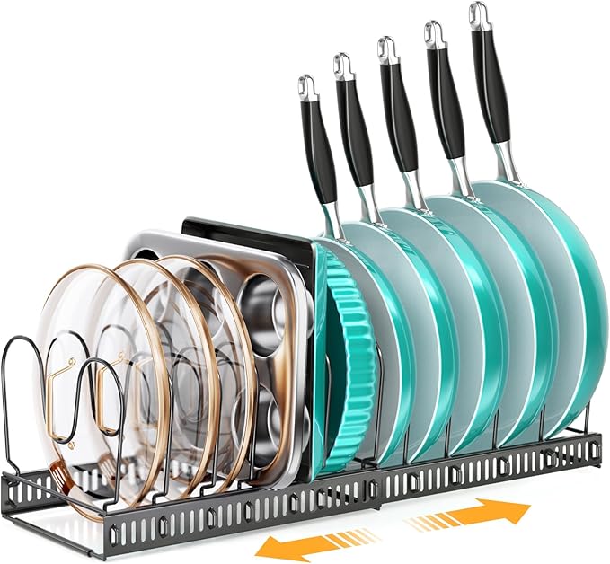 MUDEELA Pot and Pan Organizer Rack for under Cabinet, Expandable 11.81''-22.85'' Pot Lid Kitchen Cabinet Organizer Holder with 12 Adjustable Compartment Cutting Board Organizer for Pan Lid, Bakeware
