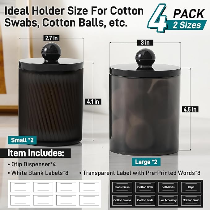 4 Pack Acrylic Qtip Holder Dispenser for Cotton Swabs, Balls, Pads, Floss Picks- Clear Acrylic Canister Apothecary Jar Set, Bathroom Essentials Accessories Decor Vanity Makeup Storage Organizer -Black