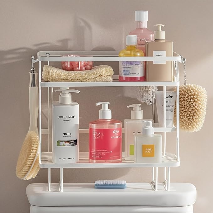 PowerKing Over The Toilet Storage Shelf, 2-Tier Bathroom Organizer Rack with 2 Hooks, No-Drill, Rust-Resistant Steel, Toilet Paper Holder for Restroom Bathroom, White