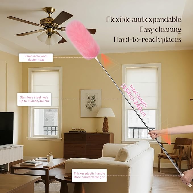 Extendable Lambswool Duster Stainless Steel Handle 133" Removable Feather Duster for Cleaning Ceiling Fans Interior Roof Furniture, Pink