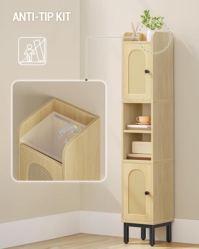 Hzuaneri Slim Bathroom Storage Cabinet, Narrow Bathroom Organizers and Storage with 4 Adjustable Feet, Laundry Room Organization for Small Space, Kitchen, Living Room, 2 Doors Rattan Yellow BC22402Y