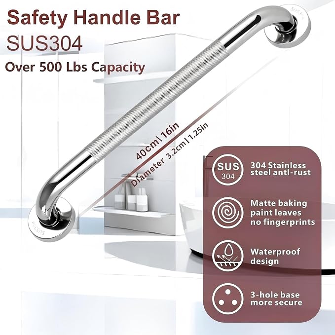 2 Pack 16 Inch 304 Stainless Steel Brushed Nickel Shower Grab Bar, 1.25 Inch Anti-Slip Safety Handrail, 500 lbs Support for Bathroom, Toilet, RV, Stair, Elderly and Handicap