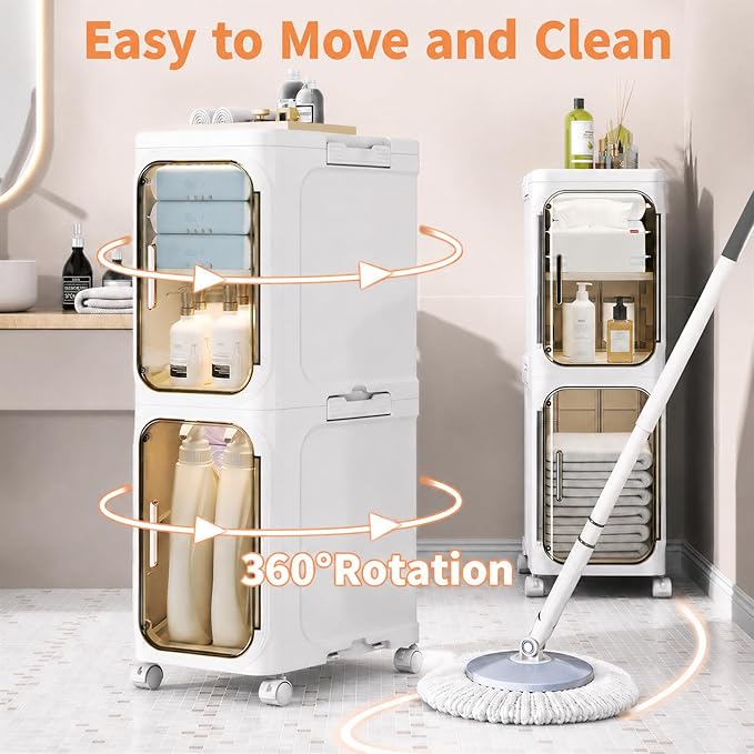 2-Tier Slim Bathroom Storage Cabinet, Narrow Storage Cabinet with Wheels, Adjustable Shelves, Magnetic Doors, Water-Proof, Anti-Tip Skinny Organizer Cabinet for Small Space, Cream White
