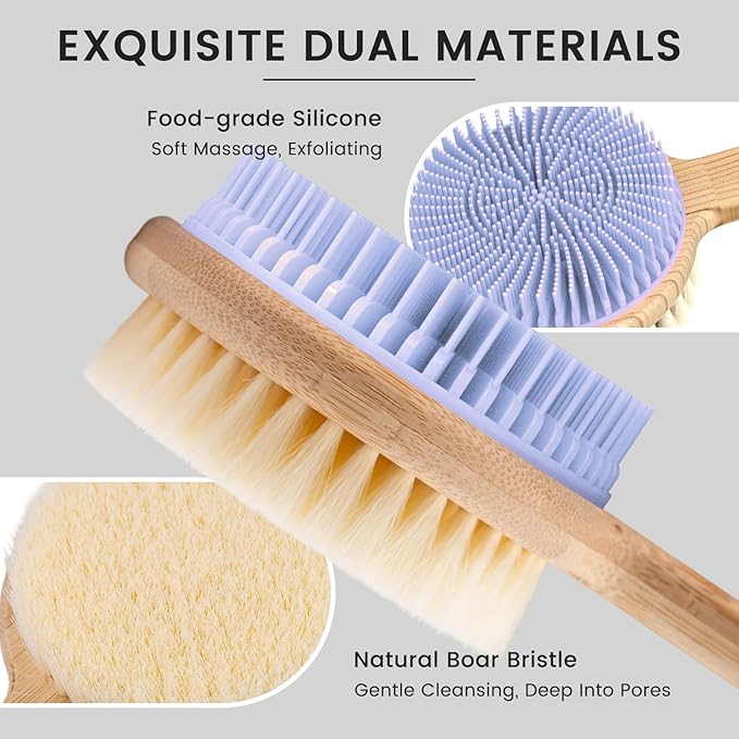 Back Scrubber for Shower - Double-Sided Silicone and Super-Dense Bristles for Deep Cleaning & Exfoliation, Bamboo Long Handle with Wider Anti-Slip Grip, Body Exfoliator for Wet or Dry Brushing