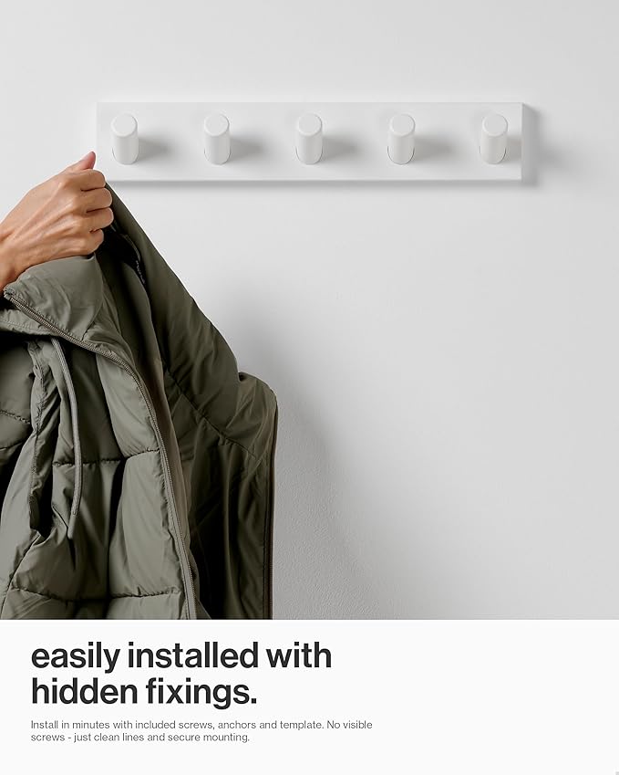 LARHN Wall Mounted Coat Rack, White with 5 Heavy-Duty 1" Diameter Hooks, 16.5" - Wall Hook Rack - Modern Scandinavian Home Decor