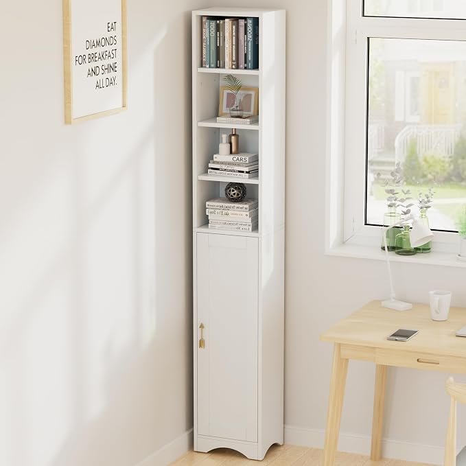 VECELO 71" Tall Narrow Storage Cabinet, Bathroom Storage Slim Freestanding Cabinet with Door & 6 Adjustable Shelves, Anti-Tip Design for Small Space, Kitchen, Living Room, White