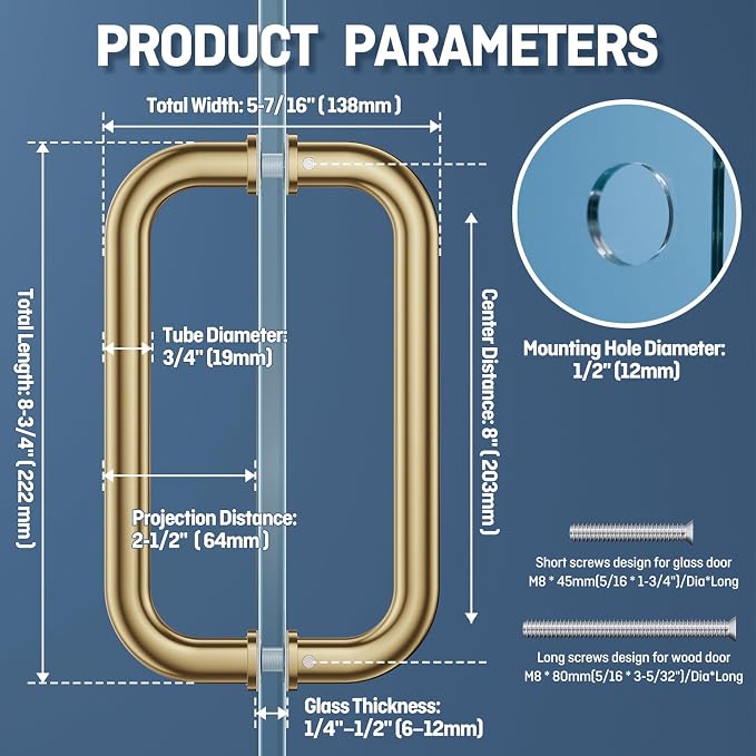 Ranbo Polished Gold 8" CTC Tubular Back-to-Back Shower Door Handle,Heavy-Duty 1.0mm Thick 304 Stainless Steel,for 1/4"- 1/2" Thick Glass and 1-3/8" - 2-1/6" Thick Wooden or Metal Doors