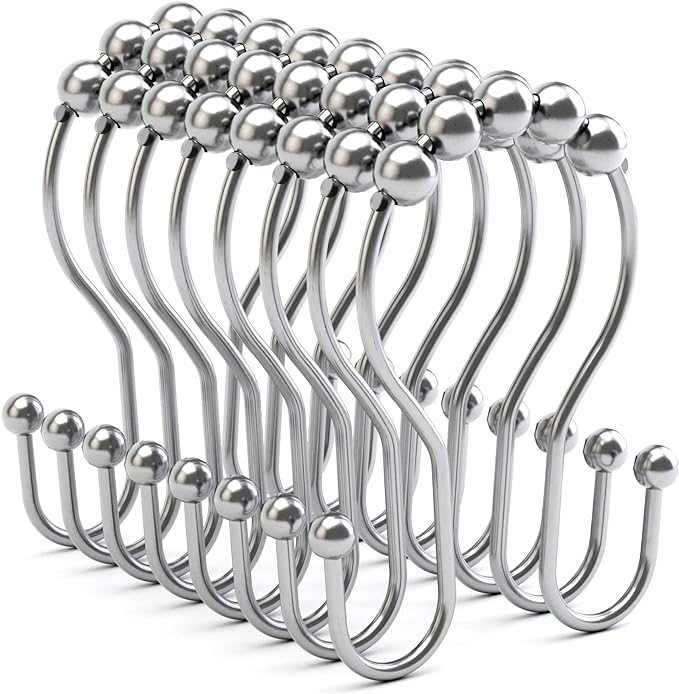 Bathway Shower Curtain Hooks Chrome Shower Curtain Rings Rust Proof, Smooth Glide Double Shower Curtain Hooks, 12Pcs Shower Curtain Hangers, Shower Hooks for Shower Curtain Bathroom Shower Rod Hooks