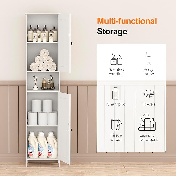 Homleke Tall Bathroom Storage Cabinet with 2 Doors, 67"H Narrow Storage Cabinet with Adjustable Shelves& Anti-Tip Design, Reversible Door Installation, Easy Assembly, 11.8 x 15.7 x 66.9 Inches, White