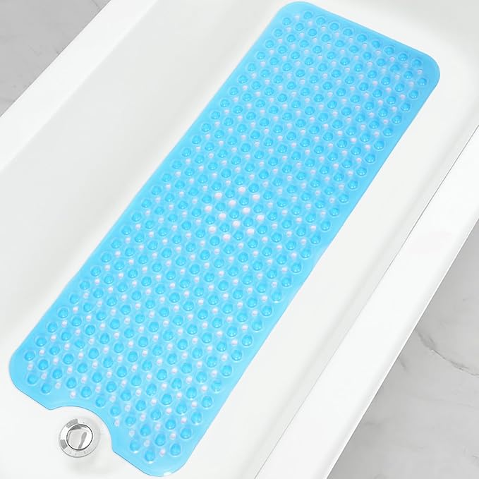 Bathtub and Shower Mats, 40x16 Inch Extra Large Non Slip Soft Bath Tub Mat with Suction Cups and Drain Holes for Bathroom Floor, Machine Washable, Clear Blue