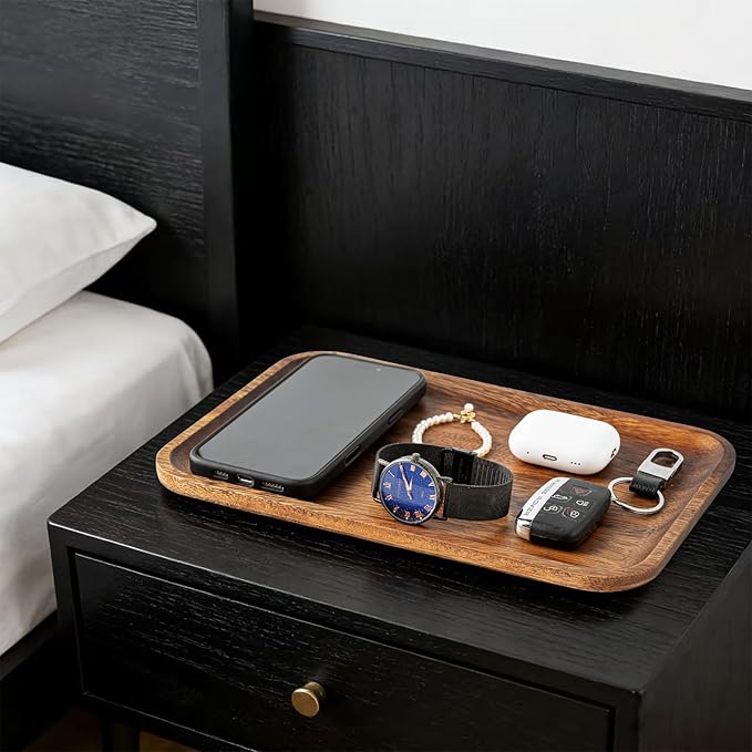 Serving Acacia Wood Valet Tray for Men Women, Catch All Acacia Mens Key Dump Bedside Nightstand Organizer EDC Decorative Wooden Tray for Phone Watch Wallet Keys Jewelry